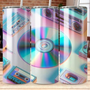 Retro Music Tumbler Wrap, 90s Nostalgia PNG, Boombox, Cassette Tape Tumbler, CD Design, Sublimation Design, Tumbler Wrap png file
