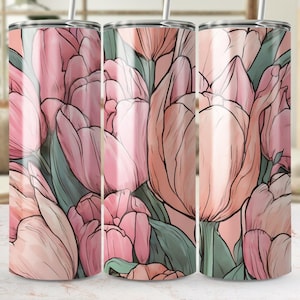 Tulipe rose numérique Tumbler Wrap, Design floral en sublimation Tumbler, aquarelle fleur maigre Tumbler Wrap fichier PNG