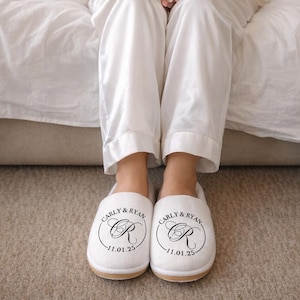 Personalized Wedding Slippers for Bride and Bridesmaids — Custom Print Slippers with Names, Date & Monogram — Durable Digitally Printed image 1