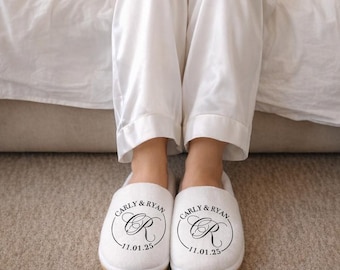 Personalized Wedding Slippers for Bride and Bridesmaids — Custom Print Slippers with Names, Date & Monogram — Durable Digitally Printed