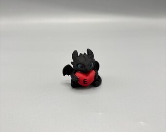 Black Dragon Heart Figurine With Custom Initial, 3D Printed Dragon Desk Pet
