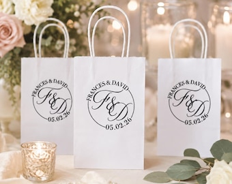 Mini White Wedding Welcome Bags, Hotel Favor Bags for Wedding Guests, Custom Printed Gift Bags with Names and Date, Summer Wedding
