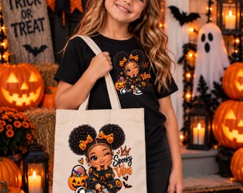 Halloween combo for kids: personalized T-shirt and fabric bag; includes a trick-or-treat bag and a personalized Halloween T-shirt.