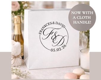 White Cloth Handle Wedding Bags, Custom Monogram Gift Bags, Luxury Afterparty Hotel Wedding bags