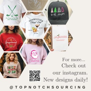 May include: A collection of apparel and home goods featuring Christmas-themed designs. The items include a pink sweatshirt with a Santa Claus graphic, a red sweatshirt with a gingerbread house graphic, a tan sweatshirt with a Christmas tree graphic, a black baseball cap with a Christmas tree graphic, and a white notebook with the text "Christmas Leftovers".