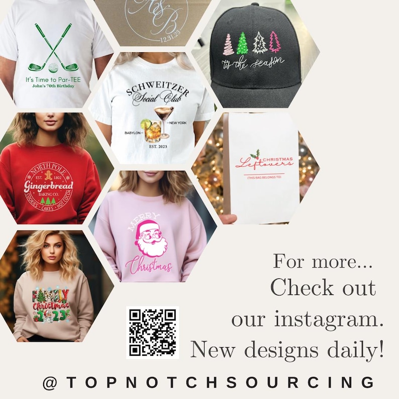 May include: A collection of apparel and home goods featuring Christmas-themed designs. The items include a pink sweatshirt with a Santa Claus graphic, a red sweatshirt with a gingerbread house graphic, a tan sweatshirt with a Christmas tree graphic, a black baseball cap with a Christmas tree graphic, and a white notebook with the text "Christmas Leftovers".