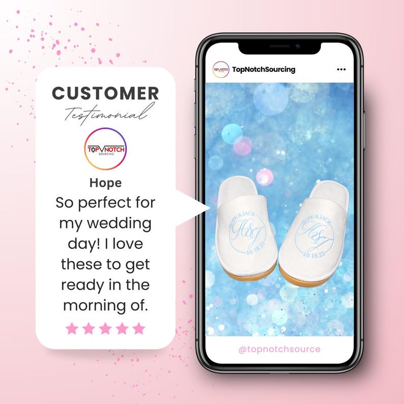 May include: A customer testimonial for personalized wedding slippers. The slippers are white with blue embroidery that says "Hope & Jace" and the date "10.18.25". The testimonial reads "So perfect for my wedding day! I love these to get ready in the morning of."