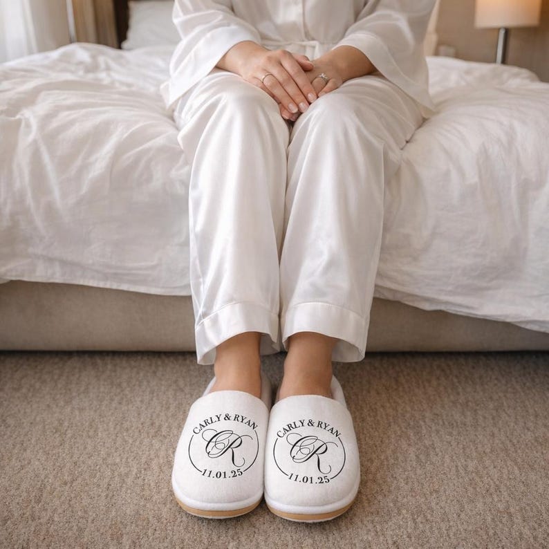 Personalized Wedding Slippers for Bride and Bridesmaids — Custom Print Slippers with Names, Date & Monogram — Durable Digitally Printed image 1