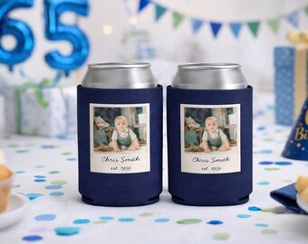 65 Suprise Birthday Custom Personalized Can Coolers for 12 oz Soda or Beer Cans, Vintage 1959 Birthday Party Favors, Pack of 5