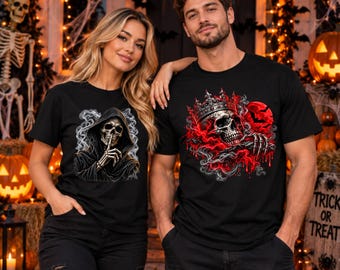 Halloween Horror T-Shirt, Skeleton Pumpkin DTF Print, Soft Cotton Tee