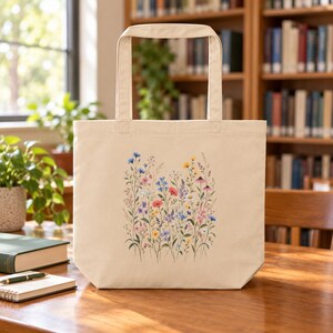 Wildflower Tote Bag for Books & Market Finds — Vintage Wildflower Meadow, Botanical Cotton Canvas Bag image 8