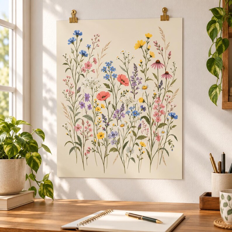 Wildflower Wall Art — Vintage Wildflower Meadow, Unframed Botanical Poster in Soft Pastel Colors image 3