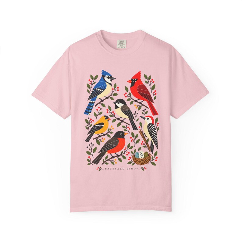 Camiseta para observadores de aves - Pájaros del jardín, camiseta colorida con estampado de aves de jardín, regalo para amantes de la naturaleza imagen 7