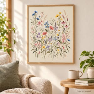 May include: A rectangular wall art print featuring a botanical illustration of various wildflowers in shades of blue, pink, yellow, and purple on a cream background, displayed in a light wood frame with a clean, simple border design.