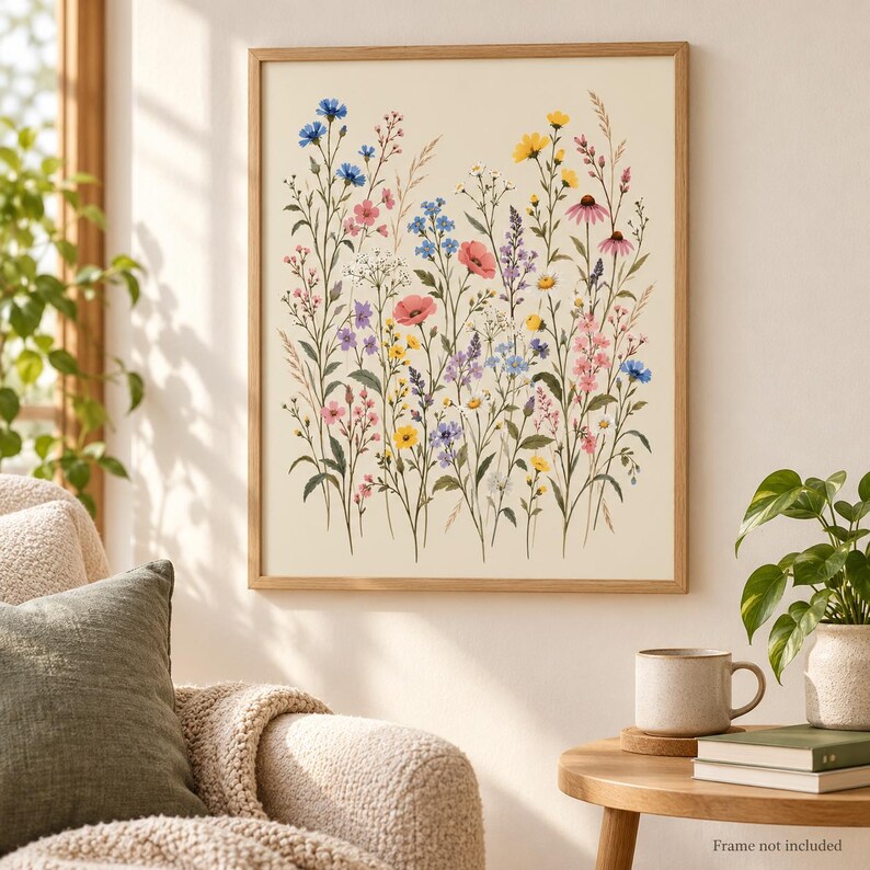 Wildflower Wall Art — Vintage Wildflower Meadow, Unframed Botanical Poster in Soft Pastel Colors image 1