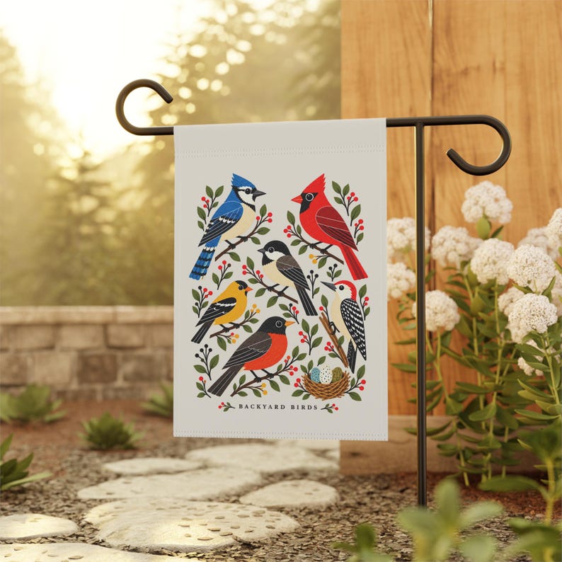 Bird Garden Flag — Backyard Birds Illustration, Double-Sided 12 × 18 Inch Garden Decor image 3