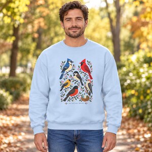 Backyard Birds Sweatshirt with Colorful Nature Art, Unisex Crewneck for Birdwatchers image 2