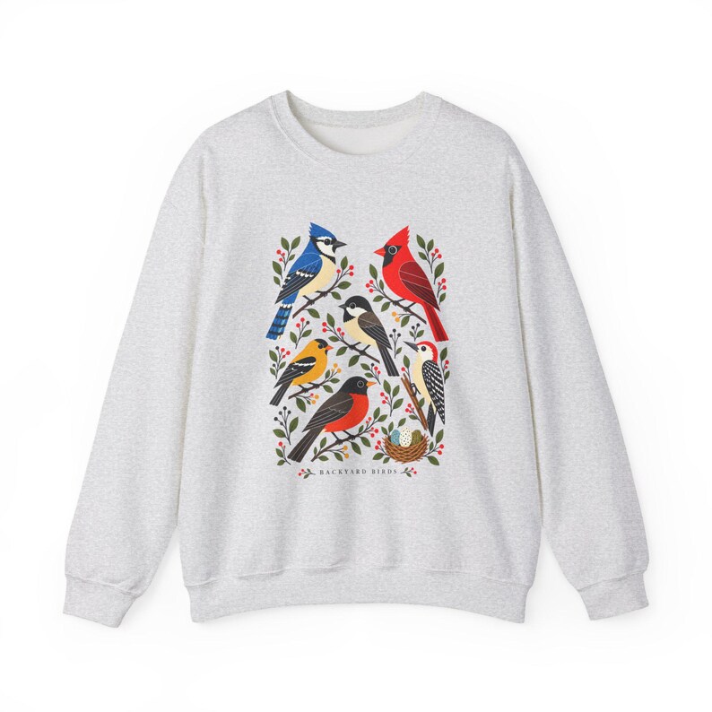 Backyard Birds Sweatshirt with Colorful Nature Art, Unisex Crewneck for Birdwatchers image 6
