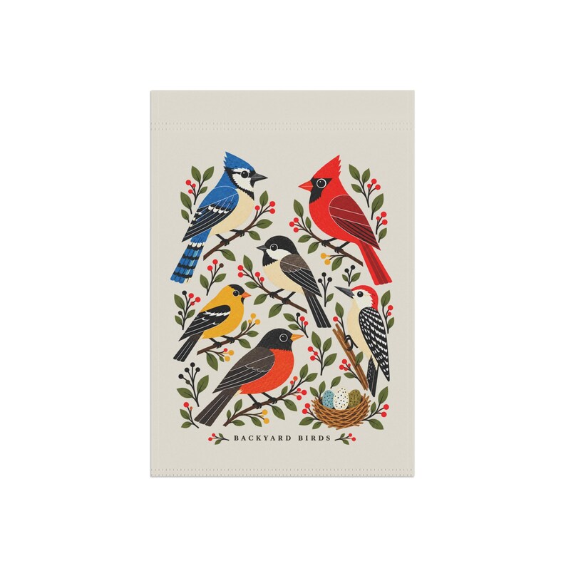 Bird Garden Flag — Backyard Birds Illustration, Double-Sided 12 × 18 Inch Garden Decor image 2