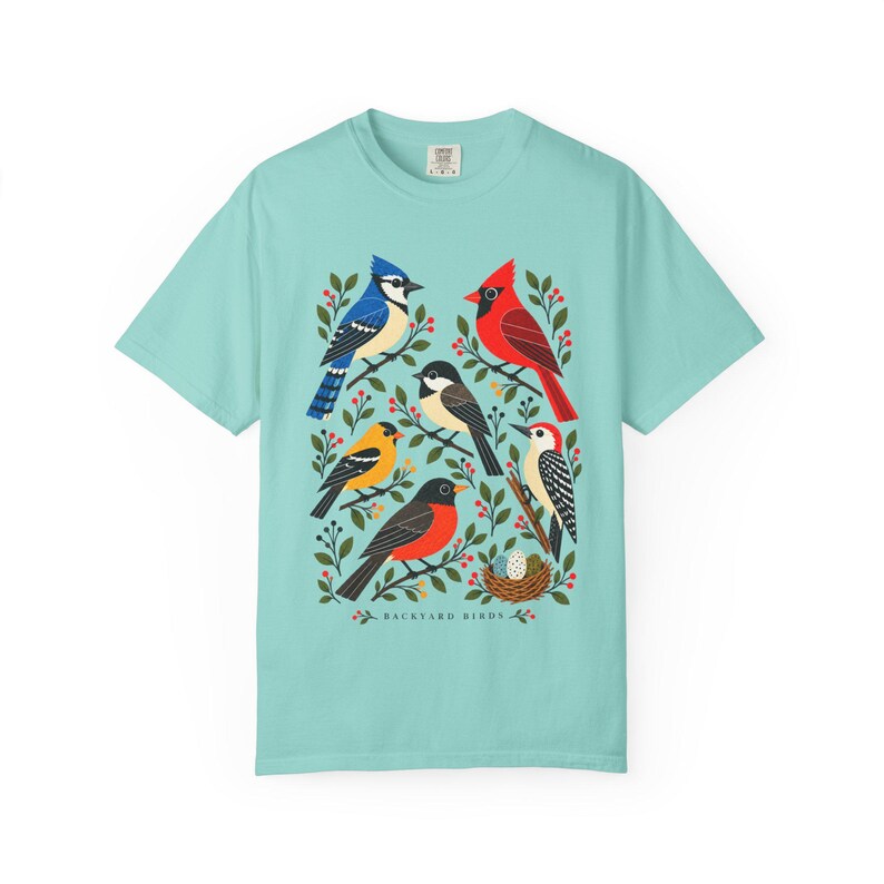 Camiseta para observadores de aves - Pájaros del jardín, camiseta colorida con estampado de aves de jardín, regalo para amantes de la naturaleza imagen 10