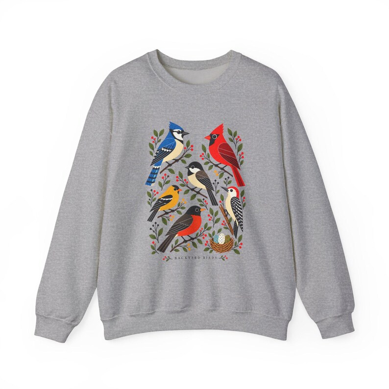 Backyard Birds Sweatshirt with Colorful Nature Art, Unisex Crewneck for Birdwatchers image 7