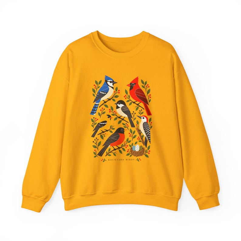 Backyard Birds Sweatshirt with Colorful Nature Art, Unisex Crewneck for Birdwatchers image 8