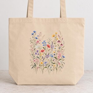 Wildflower Tote Bag for Books & Market Finds — Vintage Wildflower Meadow, Botanical Cotton Canvas Bag image 4