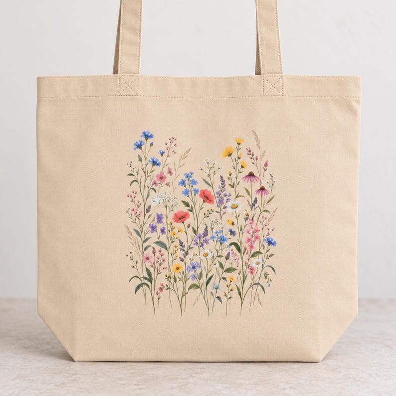 Wildflower Tote Bag for Books & Market Finds — Vintage Wildflower Meadow, Botanical Cotton Canvas Bag image 4