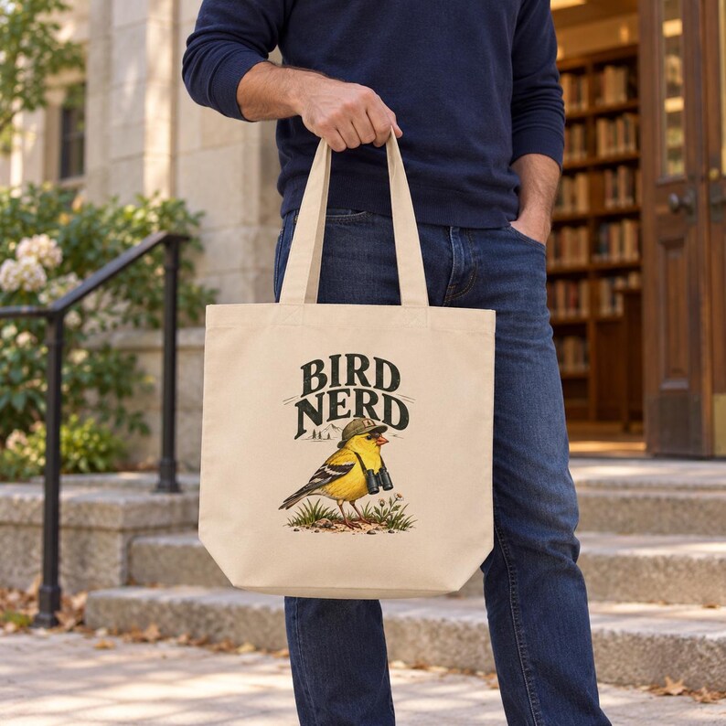 Birdwatching Tote Bag - Bird Nerd, Yellow Finch Organic Cotton Canvas Bag, Birder Gift image 8