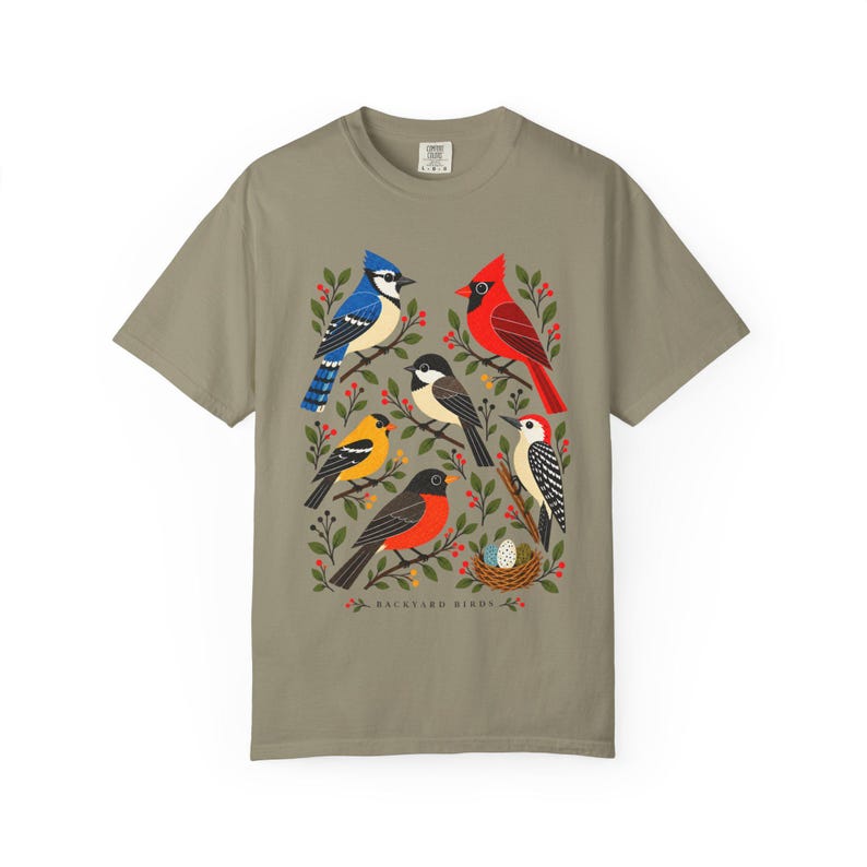 Camiseta para observadores de aves - Pájaros del jardín, camiseta colorida con estampado de aves de jardín, regalo para amantes de la naturaleza imagen 4