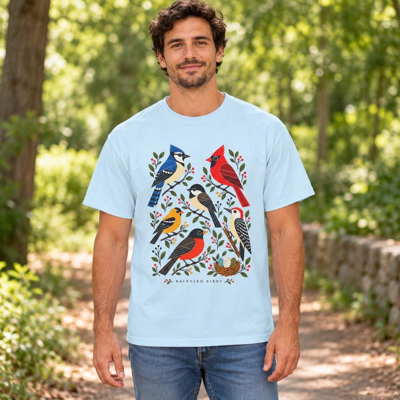 Camiseta para observadores de aves - Pájaros del jardín, camiseta colorida con estampado de aves de jardín, regalo para amantes de la naturaleza imagen 14