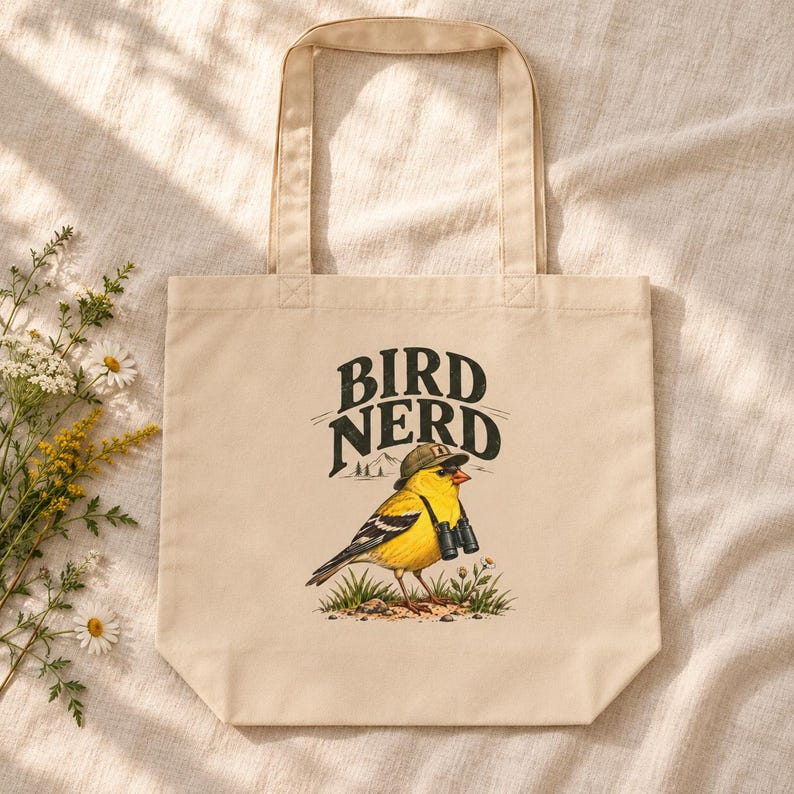 Birdwatching Tote Bag - Bird Nerd, Yellow Finch Organic Cotton Canvas Bag, Birder Gift image 1