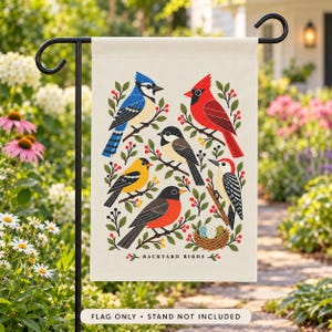 Bird Garden Flag — Backyard Birds Illustration, Double-Sided 12 × 18 Inch Garden Decor image 1