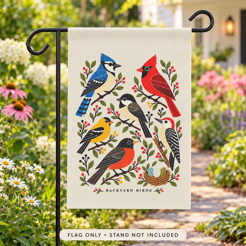Bird Garden Flag — Backyard Birds Illustration, Double-Sided 12 × 18 Inch Garden Decor image 1