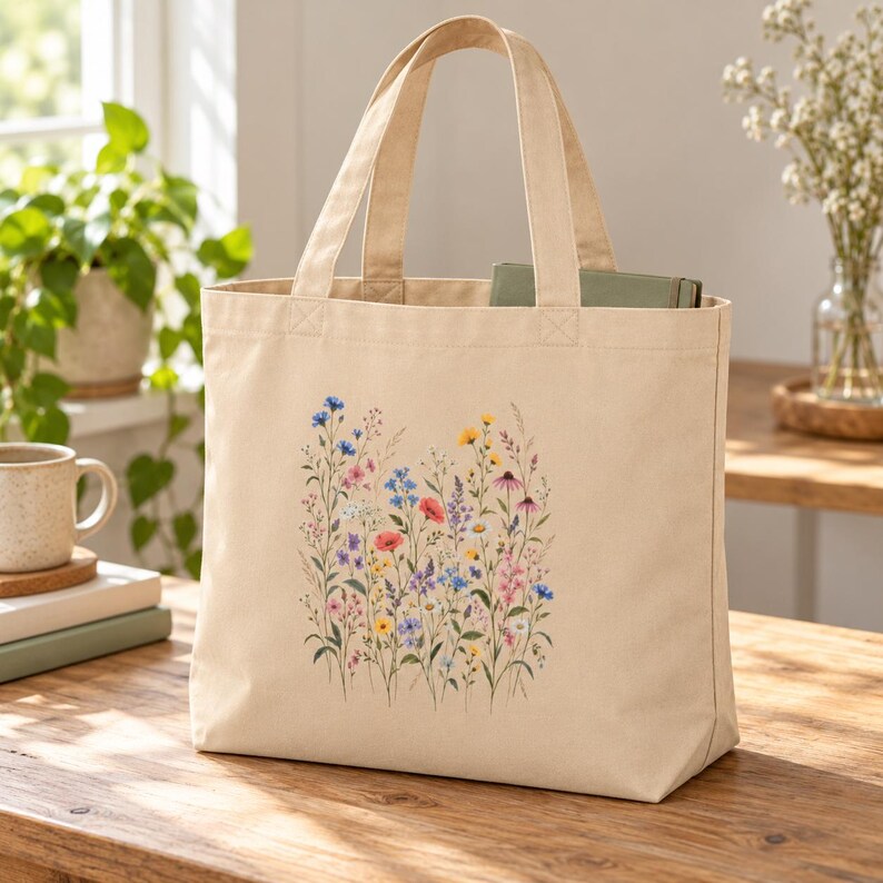 Wildflower Tote Bag for Books & Market Finds — Vintage Wildflower Meadow, Botanical Cotton Canvas Bag image 7