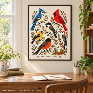 Backyard Bird Wall Art — Backyard Birds Illustrated Poster, Colorful Nature Print for a Reading Nook image 2