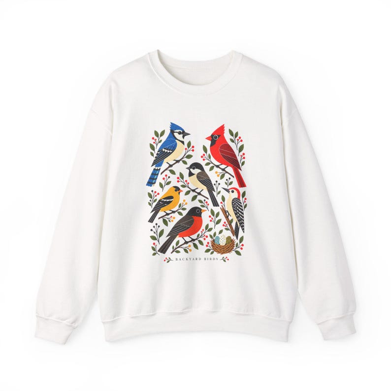 Backyard Birds Sweatshirt with Colorful Nature Art, Unisex Crewneck for Birdwatchers image 5