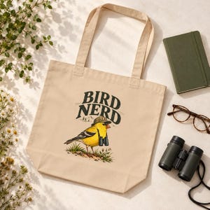Birdwatching Tote Bag - Bird Nerd, Yellow Finch Organic Cotton Canvas Bag, Birder Gift image 5