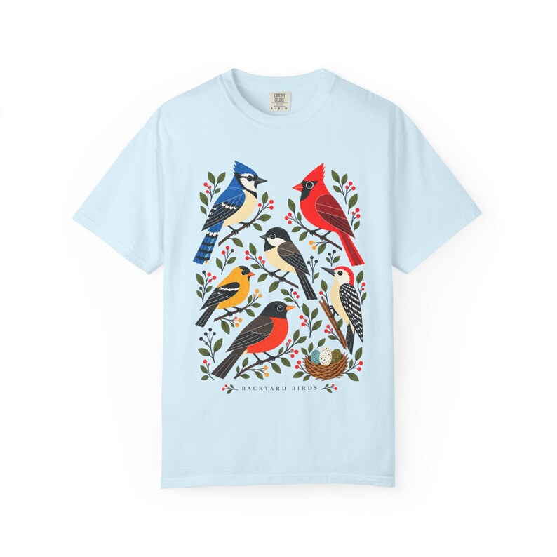 Camiseta para observadores de aves - Pájaros del jardín, camiseta colorida con estampado de aves de jardín, regalo para amantes de la naturaleza imagen 6