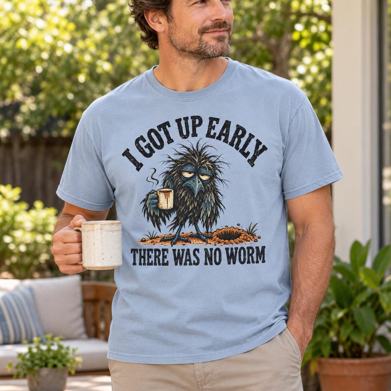 Funny Crow T-Shirt - I Got Up Early, There Was No Worm, Vintage Bird & Coffee Graphic Tee image 13