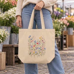 Wildflower Tote Bag for Books & Market Finds — Vintage Wildflower Meadow, Botanical Cotton Canvas Bag image 6