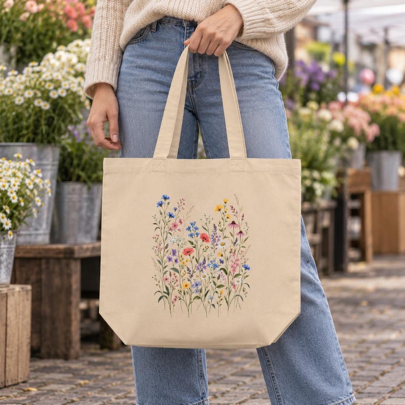 Wildflower Tote Bag for Books & Market Finds — Vintage Wildflower Meadow, Botanical Cotton Canvas Bag image 6