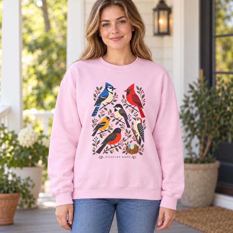 Backyard Birds Sweatshirt with Colorful Nature Art, Unisex Crewneck for Birdwatchers image 3