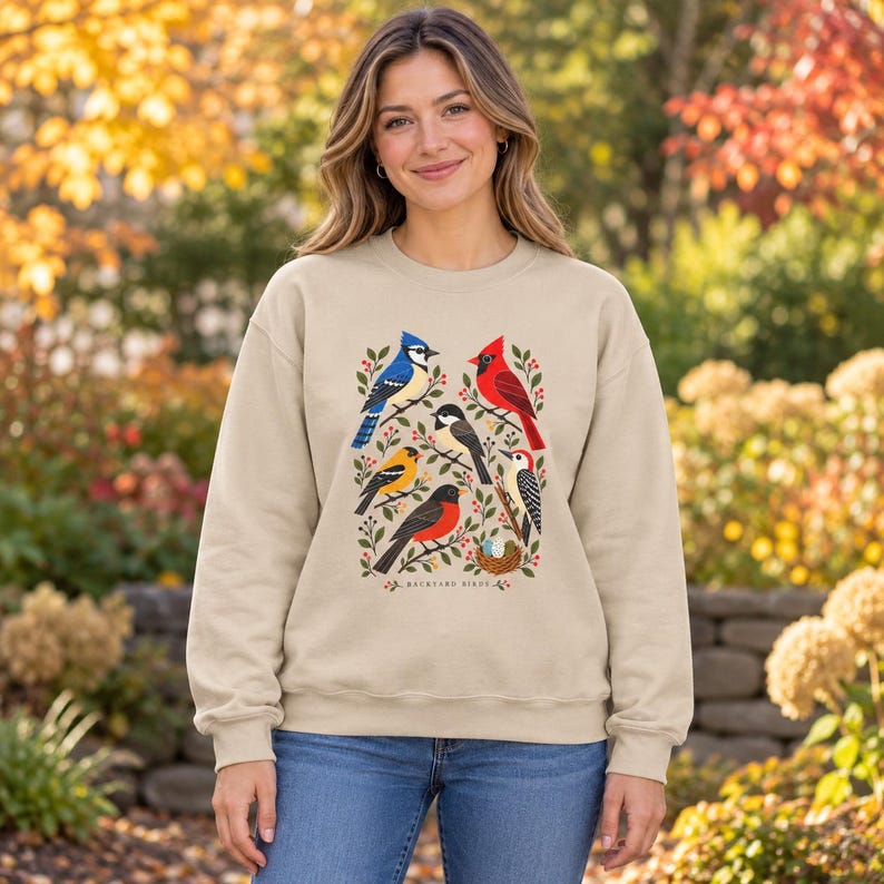 Backyard Birds Sweatshirt with Colorful Nature Art, Unisex Crewneck for Birdwatchers image 1