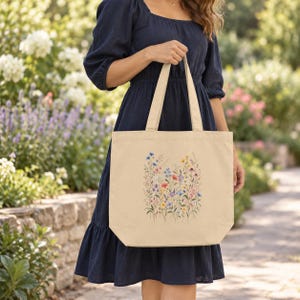 Wildflower Tote Bag for Books & Market Finds — Vintage Wildflower Meadow, Botanical Cotton Canvas Bag image 1