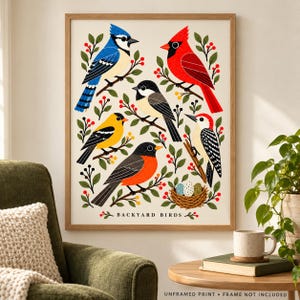 May include: A rectangular art print titled BACKYARD BIRDS featuring illustrations of a blue jay, cardinal, chickadee, goldfinch, robin, and woodpecker perched on branches with red berries and a small nest with three speckled eggs.