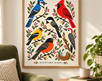 May include: A rectangular art print titled BACKYARD BIRDS featuring illustrations of a blue jay, cardinal, chickadee, goldfinch, robin, and woodpecker perched on branches with red berries and a small nest with three speckled eggs.