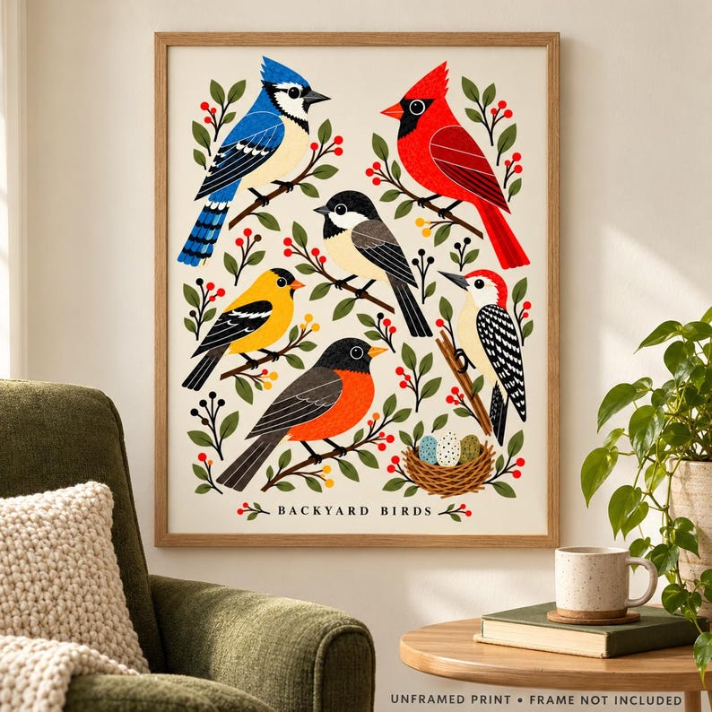 Backyard Bird Wall Art — Backyard Birds Illustrated Poster, Colorful Nature Print for a Reading Nook image 1