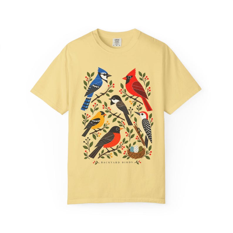 Camiseta para observadores de aves - Pájaros del jardín, camiseta colorida con estampado de aves de jardín, regalo para amantes de la naturaleza imagen 8