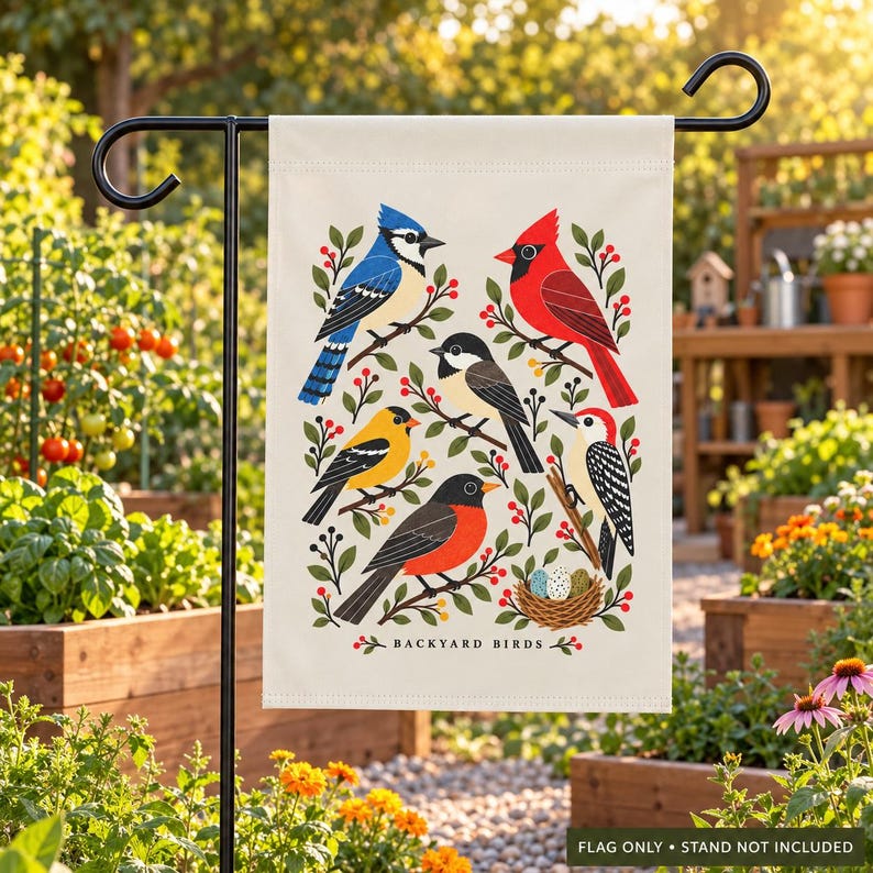 Bird Garden Flag — Backyard Birds Illustration, Double-Sided 12 × 18 Inch Garden Decor image 5